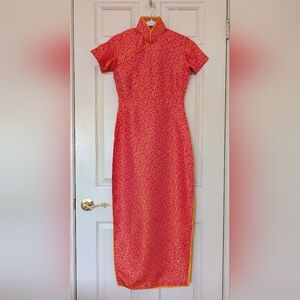 Vintage Chinese Formal Floor-Length Red And Gold Floral Brocade Gown.